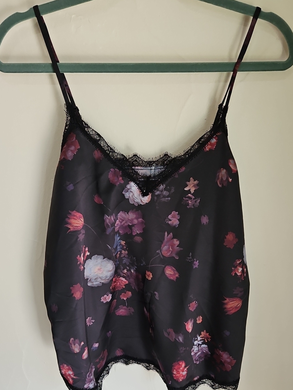 NWT Chelsea 28 Floral Lace Trim Satin Cami Top - Black/Purple Size Large